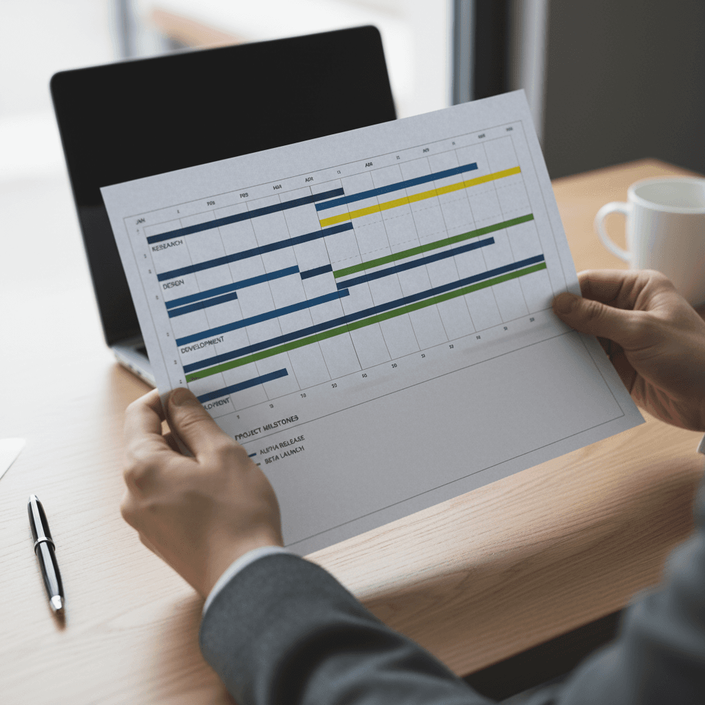 Project manager reviewing detailed Gantt chart and timeline planning document