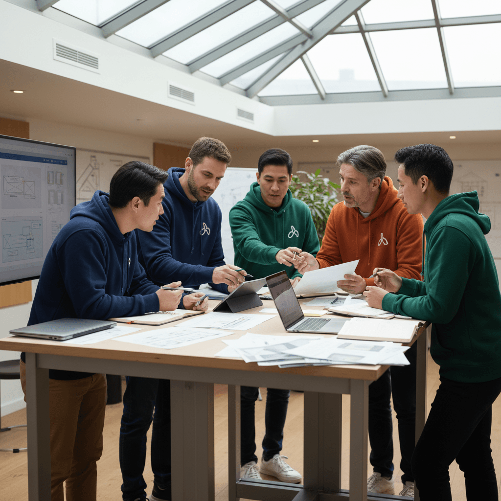 Cross-functional project team collaborating on project scope and requirements