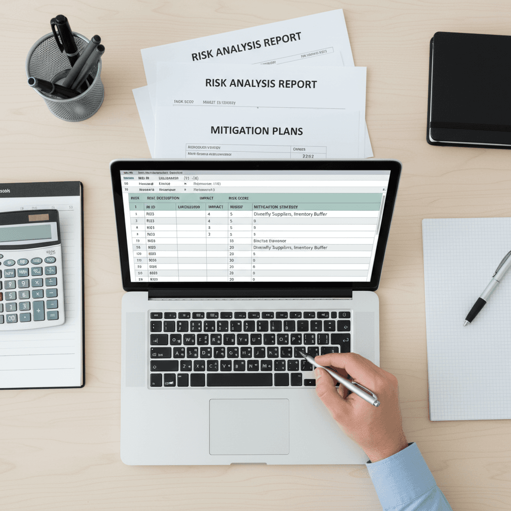 Risk register and mitigation strategy documentation being reviewed for project