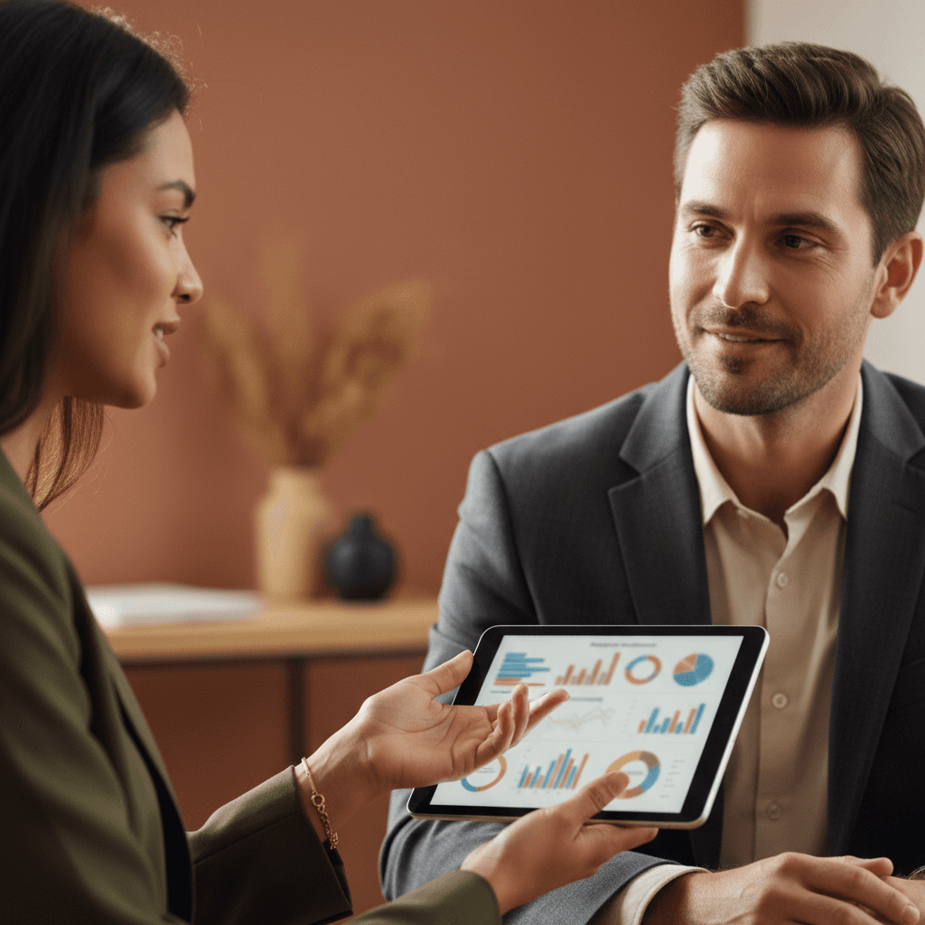 Project consultant presenting progress report and key metrics to engaged stakeholder