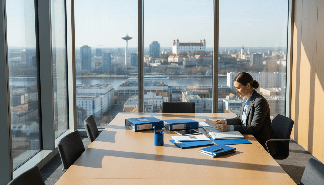 Professional consultant reviewing project documents in a modern Bratislava office with city views